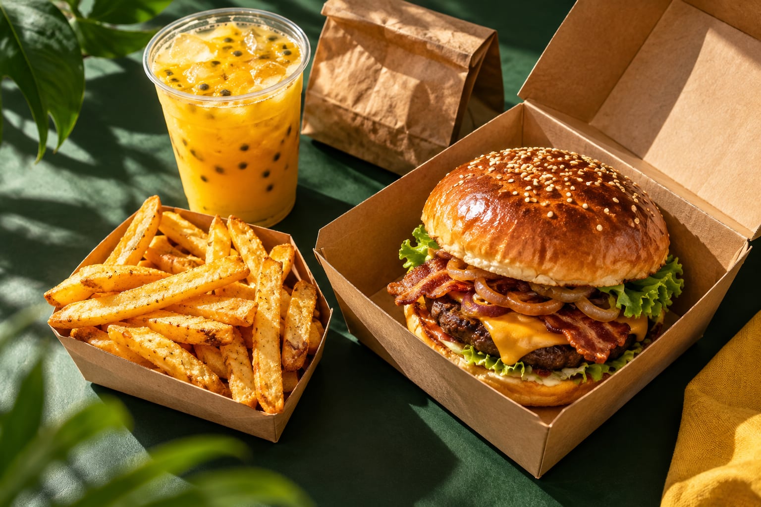 Hamburguesa, papas y bebida tropical en empaques para llevar; imagen ilustrativa